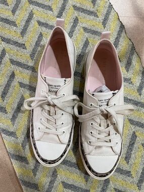kate spade Cream Canvas Sneakers with Pink Insole and Leopard Trim
